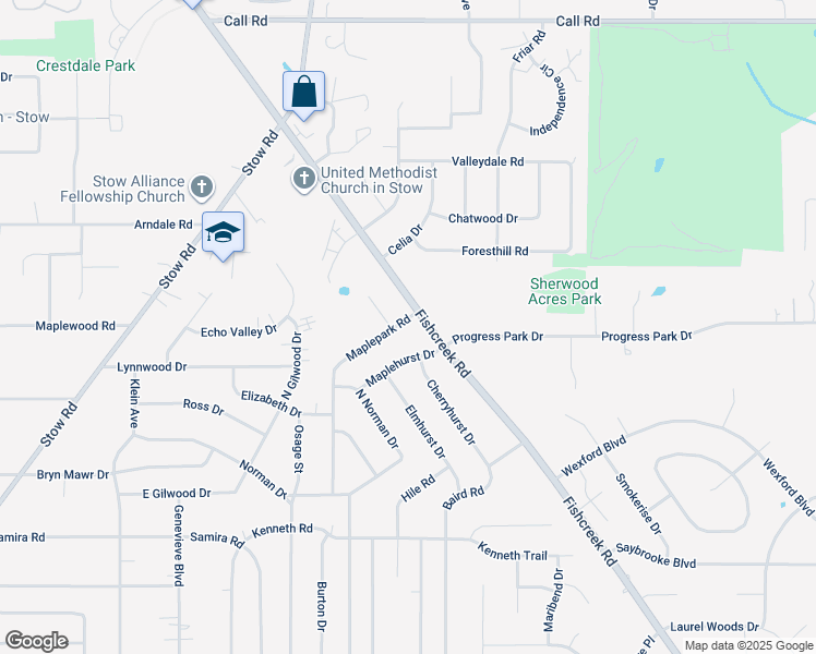 map of restaurants, bars, coffee shops, grocery stores, and more near 4457 Maplepark Road in Stow