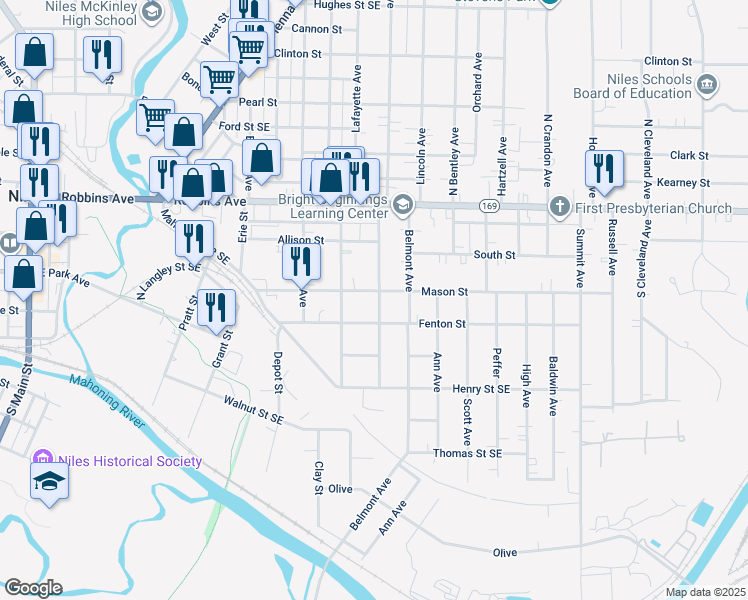 map of restaurants, bars, coffee shops, grocery stores, and more near 615 Mason Street in Niles