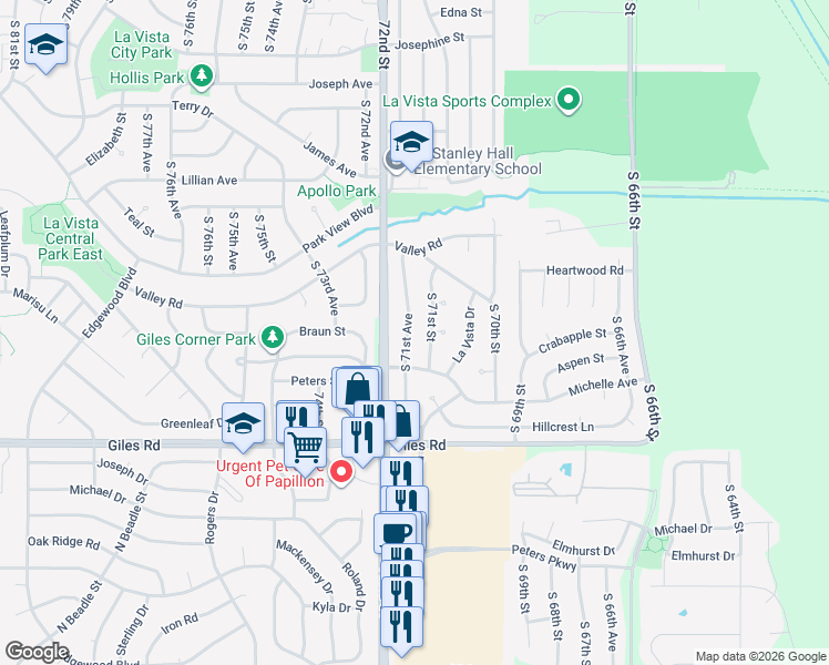 map of restaurants, bars, coffee shops, grocery stores, and more near 7817 South 71st Avenue in La Vista