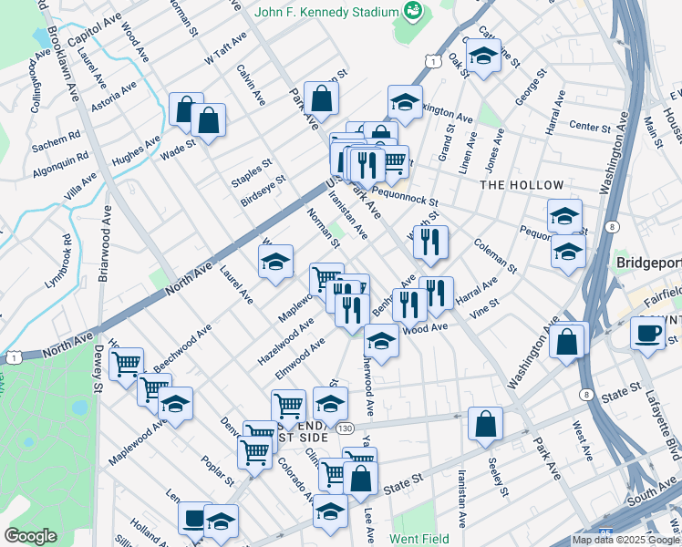 map of restaurants, bars, coffee shops, grocery stores, and more near 308 Maplewood Avenue in Bridgeport