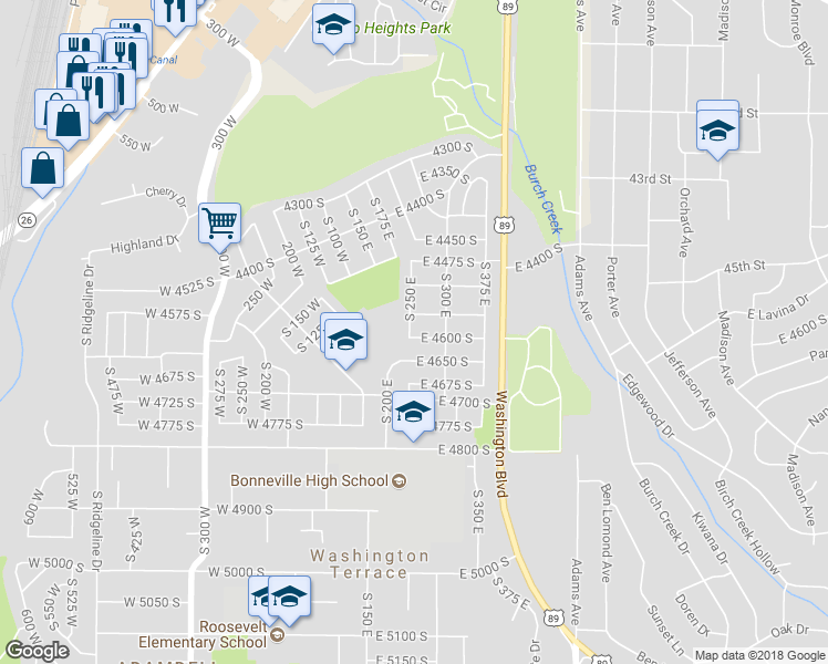 map of restaurants, bars, coffee shops, grocery stores, and more near 4594 South 250 East in Ogden