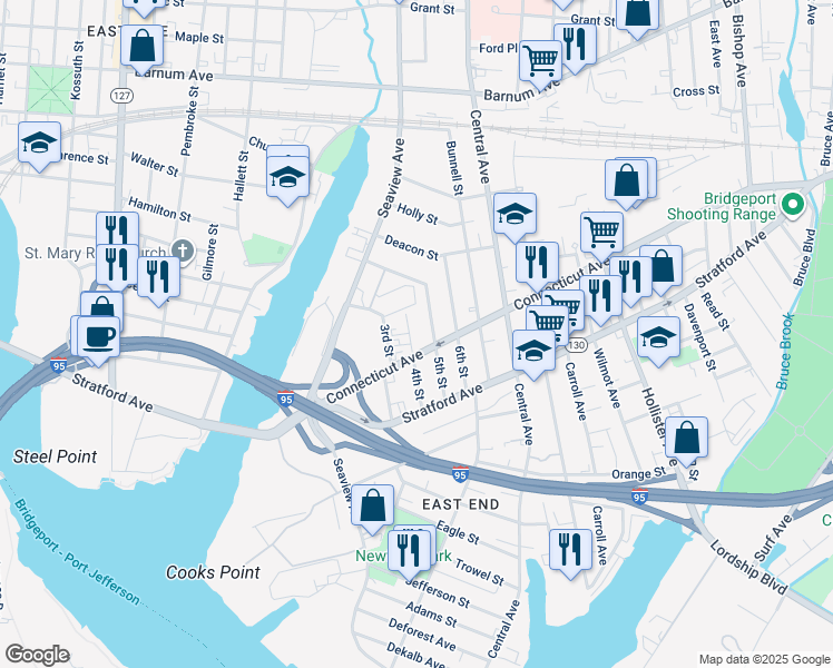map of restaurants, bars, coffee shops, grocery stores, and more near 155 4th Street in Bridgeport