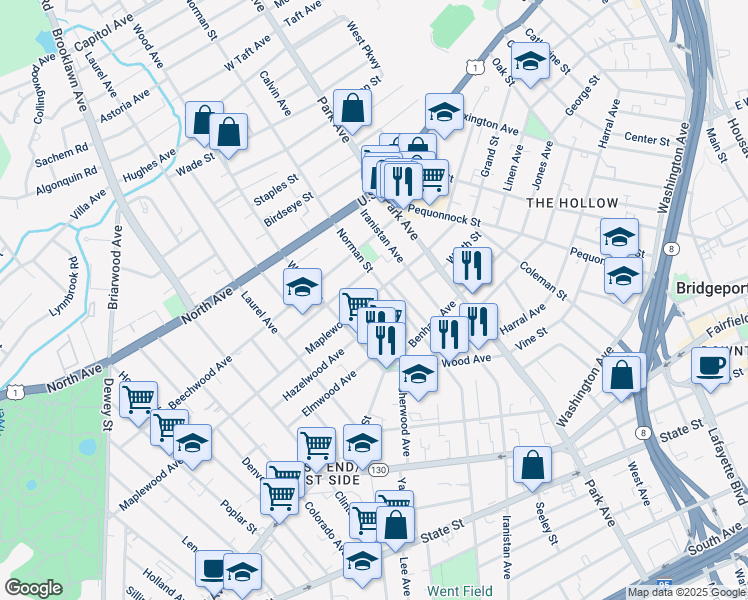 map of restaurants, bars, coffee shops, grocery stores, and more near 308 Maplewood Avenue in Bridgeport