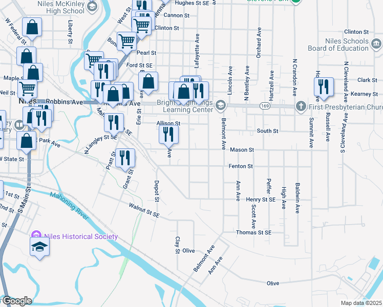 map of restaurants, bars, coffee shops, grocery stores, and more near 615 Mason Street in Niles
