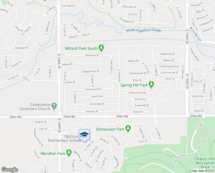 map of restaurants, bars, coffee shops, grocery stores, and more near 16308 Rosewood Street in Omaha
