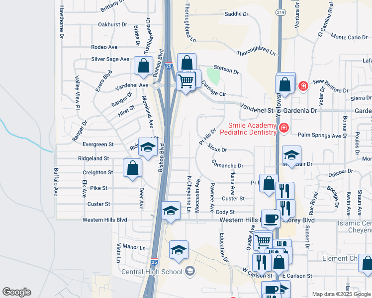 map of restaurants, bars, coffee shops, grocery stores, and more near 511 Notre Dame Ct in Cheyenne