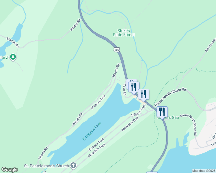 map of restaurants, bars, coffee shops, grocery stores, and more near 27 West Shore Trail in Sandyston