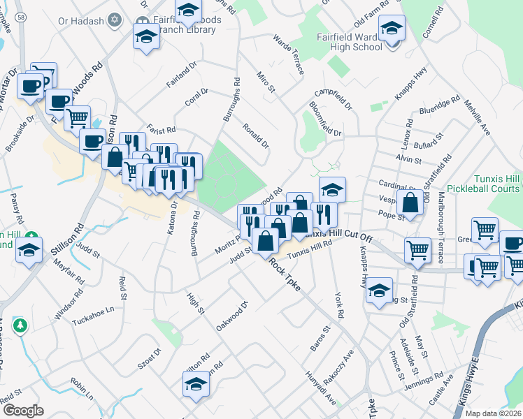 map of restaurants, bars, coffee shops, grocery stores, and more near 117 Candlewood Road in Fairfield