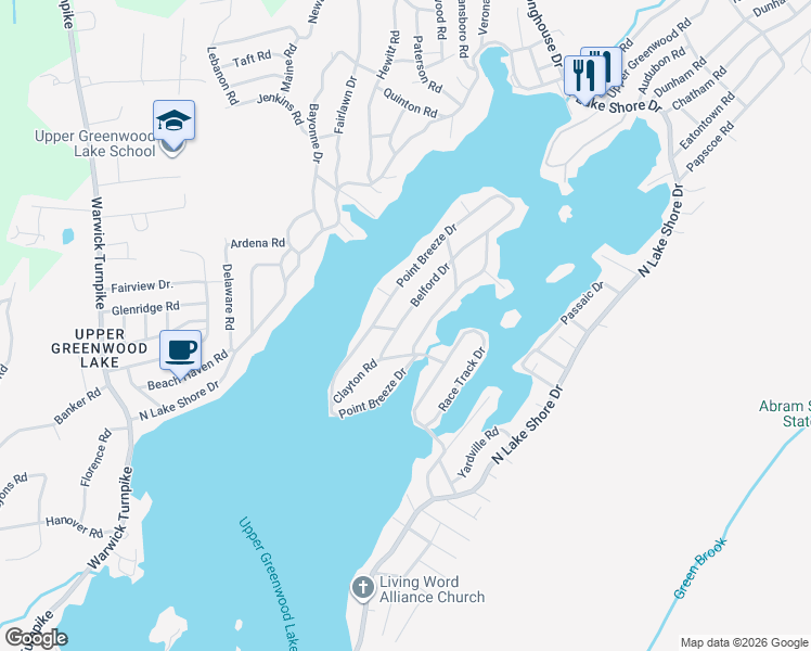 map of restaurants, bars, coffee shops, grocery stores, and more near 53 Belford Drive in West Milford