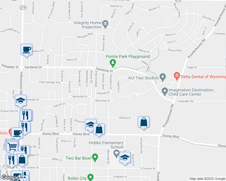 map of restaurants, bars, coffee shops, grocery stores, and more near 1000 Emerald Drive in Cheyenne
