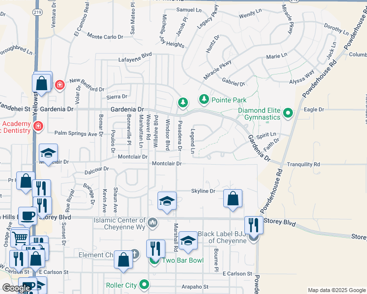 map of restaurants, bars, coffee shops, grocery stores, and more near 1000 Emerald Dr in Cheyenne