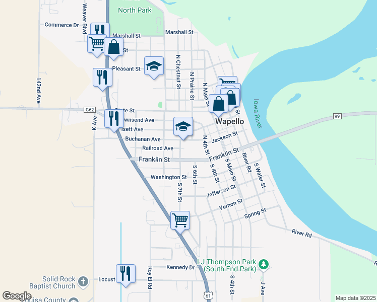 map of restaurants, bars, coffee shops, grocery stores, and more near 501 Buchanan Avenue in Wapello