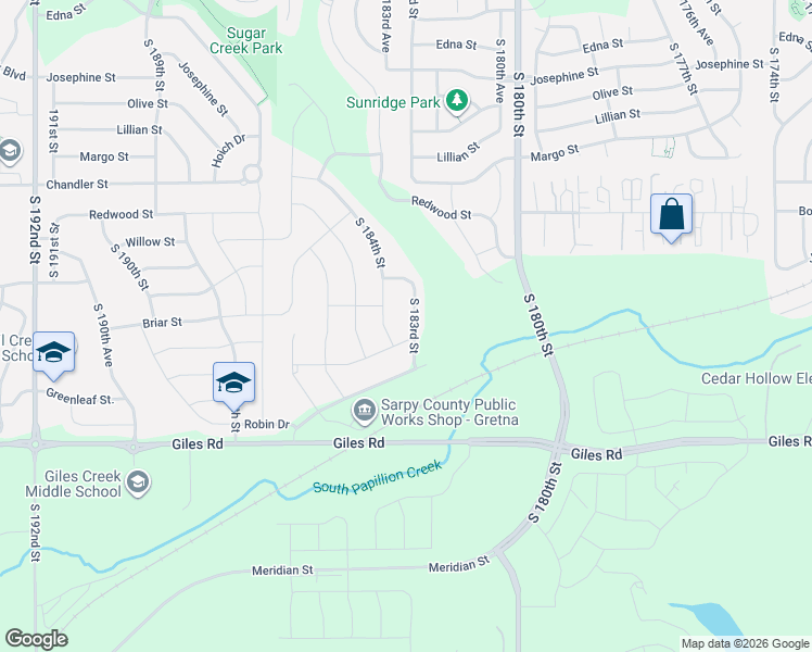 map of restaurants, bars, coffee shops, grocery stores, and more near 8010 South 183rd Street in Omaha