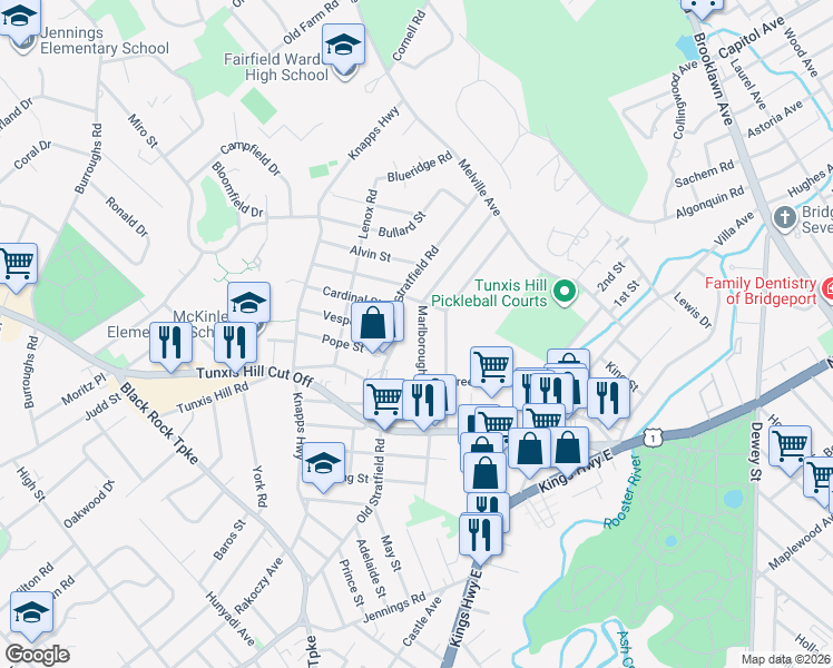 map of restaurants, bars, coffee shops, grocery stores, and more near 312 Marlborough Terrace in Fairfield