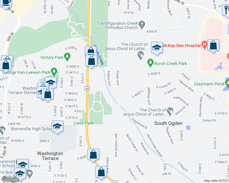 map of restaurants, bars, coffee shops, grocery stores, and more near 4584 Adams Avenue in South Ogden