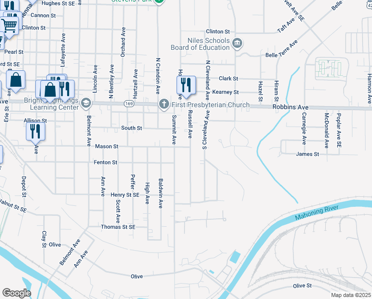 map of restaurants, bars, coffee shops, grocery stores, and more near 204 Russell Avenue in Niles
