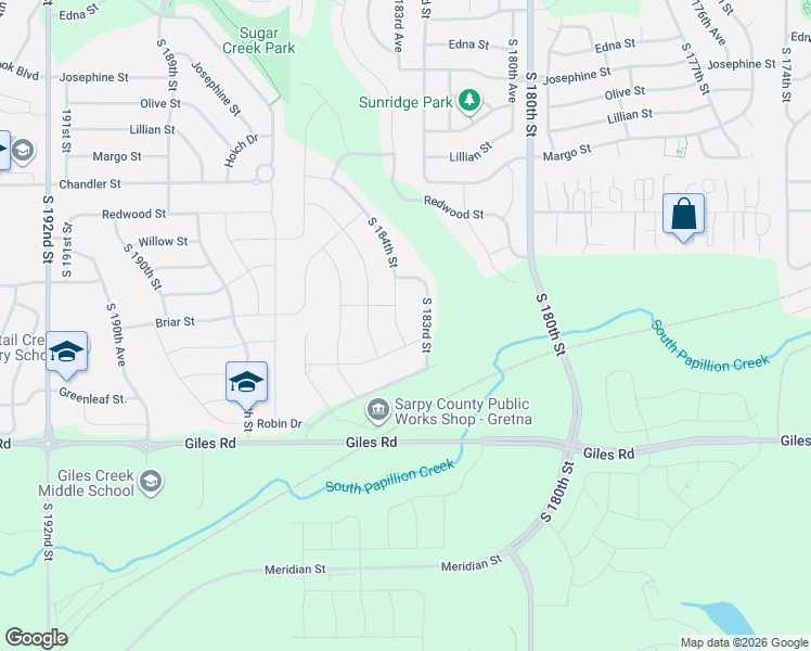 map of restaurants, bars, coffee shops, grocery stores, and more near 8010 South 183rd Street in Omaha