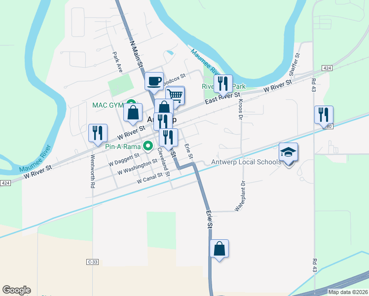 map of restaurants, bars, coffee shops, grocery stores, and more near 205 Erie Street in Antwerp