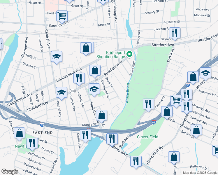 map of restaurants, bars, coffee shops, grocery stores, and more near 170 Kelsey Street in Bridgeport