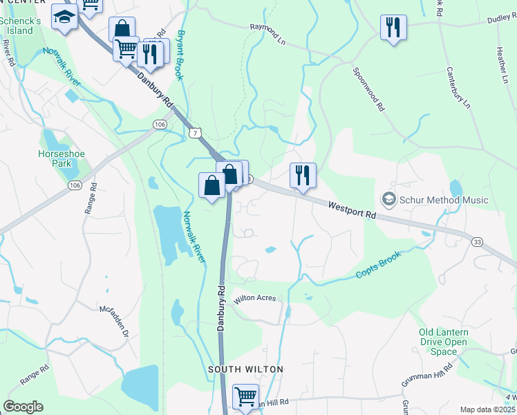 map of restaurants, bars, coffee shops, grocery stores, and more near 11 Westport Road in Wilton