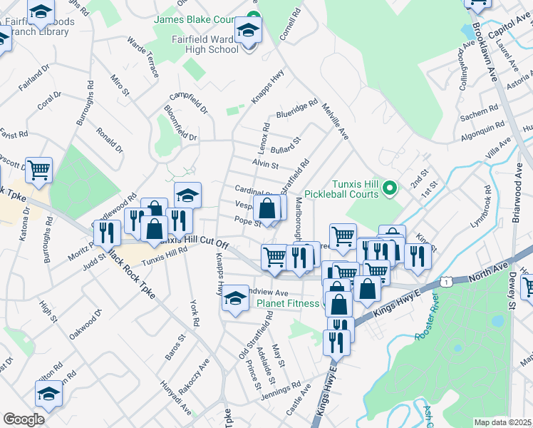 map of restaurants, bars, coffee shops, grocery stores, and more near 49 Vesper Street in Fairfield