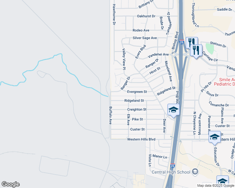 map of restaurants, bars, coffee shops, grocery stores, and more near 921 Ranger Drive in Cheyenne