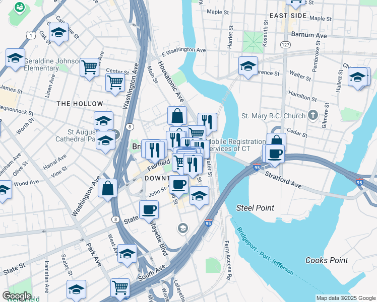 map of restaurants, bars, coffee shops, grocery stores, and more near 1153 Main Street in Bridgeport