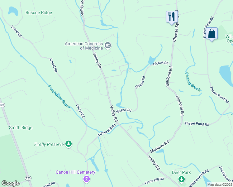 map of restaurants, bars, coffee shops, grocery stores, and more near 783 Valley Road in New Canaan