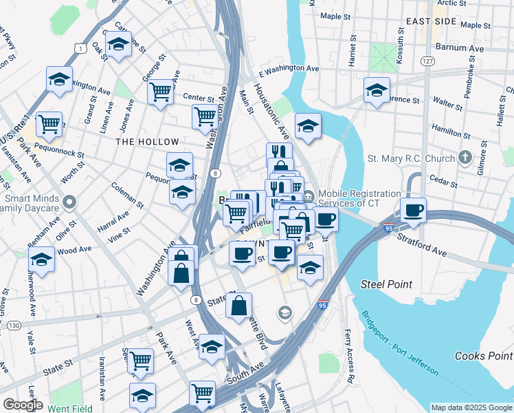 map of restaurants, bars, coffee shops, grocery stores, and more near 1208 Broad Street in Bridgeport