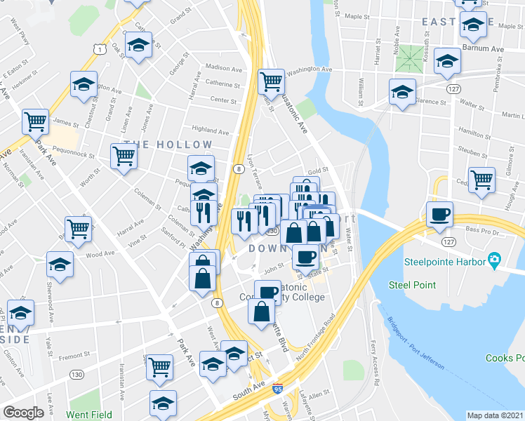 map of restaurants, bars, coffee shops, grocery stores, and more near 285 Golden Hill Street in Bridgeport