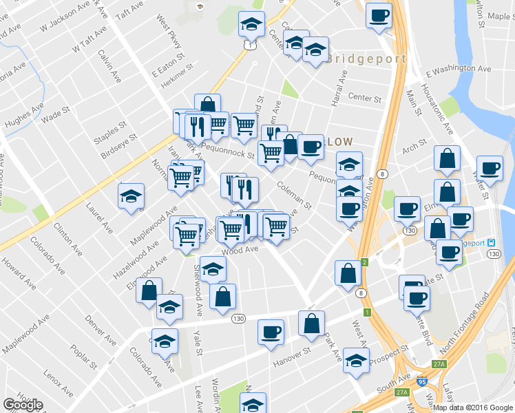 map of restaurants, bars, coffee shops, grocery stores, and more near 252 Olive Street in Bridgeport