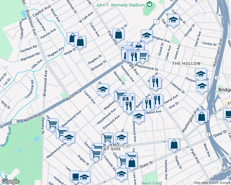 map of restaurants, bars, coffee shops, grocery stores, and more near 308 Maplewood Avenue in Bridgeport