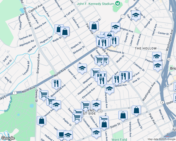 map of restaurants, bars, coffee shops, grocery stores, and more near 510 Wood Avenue in Bridgeport