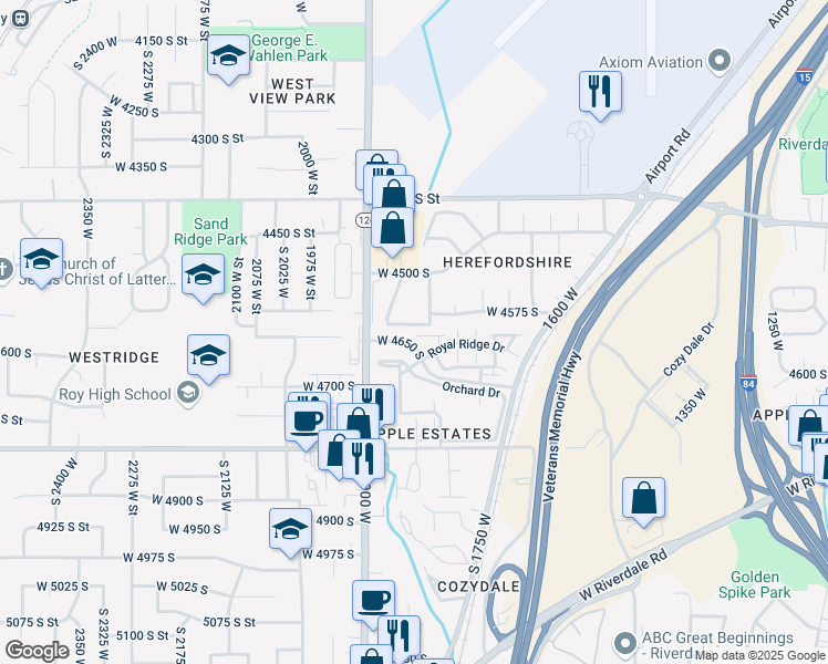 map of restaurants, bars, coffee shops, grocery stores, and more near 1790 Grove Hideaway Street in Roy