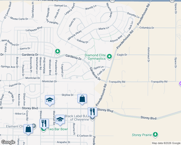 map of restaurants, bars, coffee shops, grocery stores, and more near 1129 Spirit Lane in Cheyenne