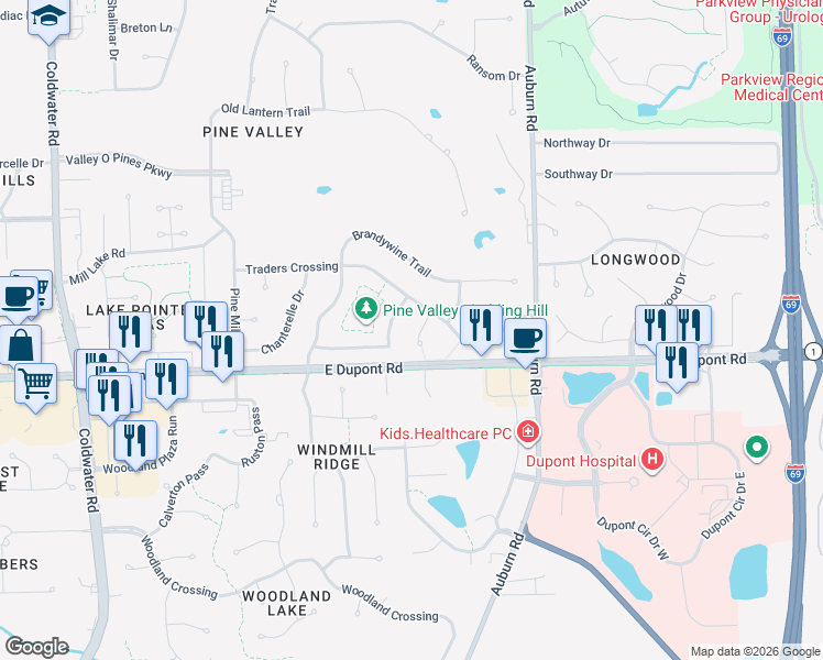 map of restaurants, bars, coffee shops, grocery stores, and more near 10412 Haverford Place in Fort Wayne
