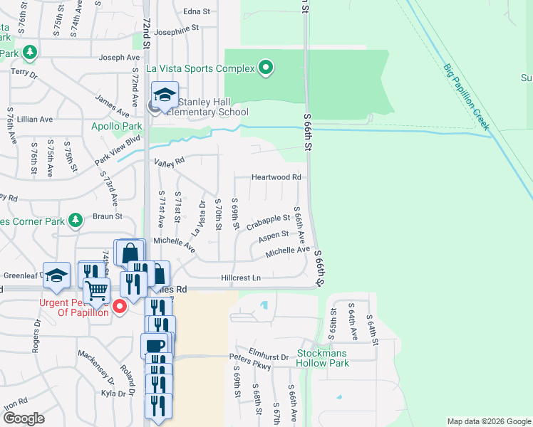 map of restaurants, bars, coffee shops, grocery stores, and more near 6818 Crabapple Street in La Vista