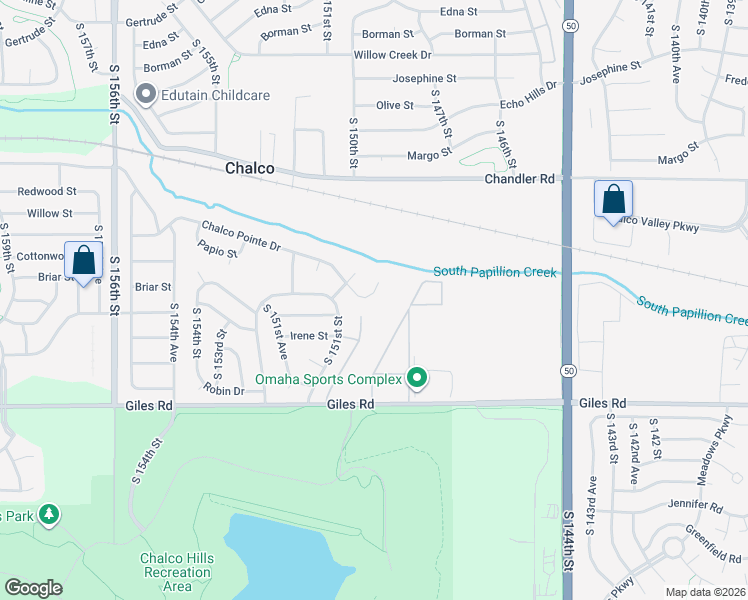 map of restaurants, bars, coffee shops, grocery stores, and more near 15025 Chalco Pointe Circle in Omaha