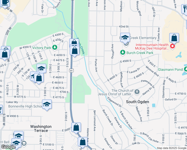 map of restaurants, bars, coffee shops, grocery stores, and more near 4582 Adams Avenue in South Ogden