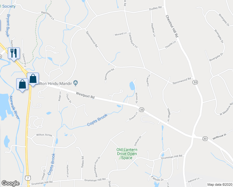 map of restaurants, bars, coffee shops, grocery stores, and more near 28 Wilton Hunt Road in Wilton