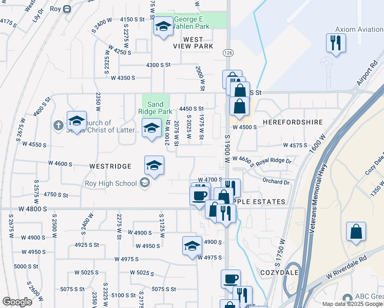 map of restaurants, bars, coffee shops, grocery stores, and more near 2038 4600 South Street in Roy