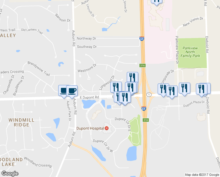 map of restaurants, bars, coffee shops, grocery stores, and more near 2633 White Hall Dr in Fort Wayne