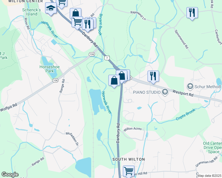 map of restaurants, bars, coffee shops, grocery stores, and more near 141 Danbury Road in Wilton