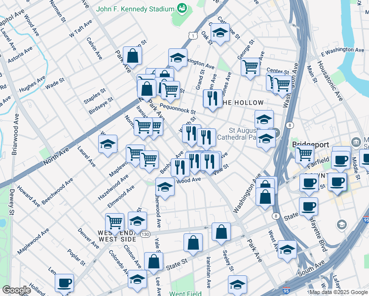 map of restaurants, bars, coffee shops, grocery stores, and more near Park Ave & Benham Ave in Bridgeport