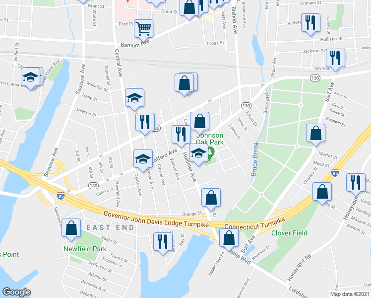 map of restaurants, bars, coffee shops, grocery stores, and more near 1506 Stratford Avenue in Bridgeport