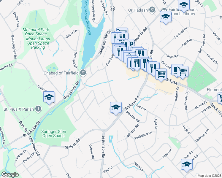 map of restaurants, bars, coffee shops, grocery stores, and more near 154 Pansy Road in Fairfield