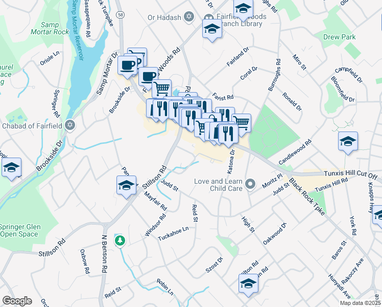 map of restaurants, bars, coffee shops, grocery stores, and more near 7 Stillson Place in Fairfield