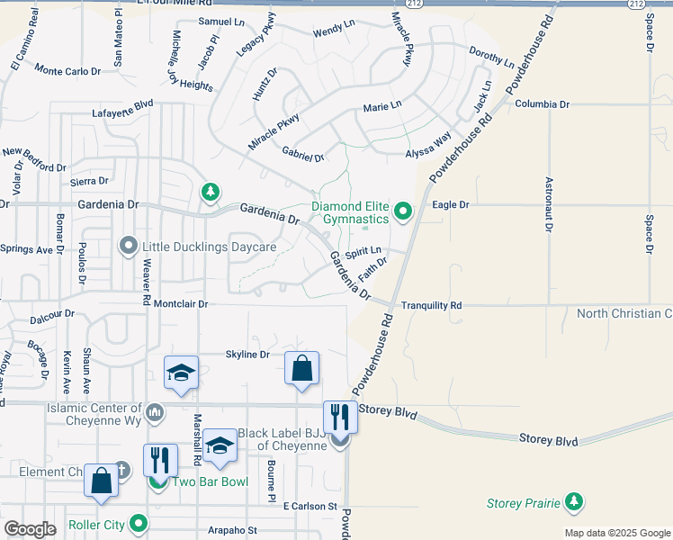 map of restaurants, bars, coffee shops, grocery stores, and more near 1129 Spirit Lane in Cheyenne