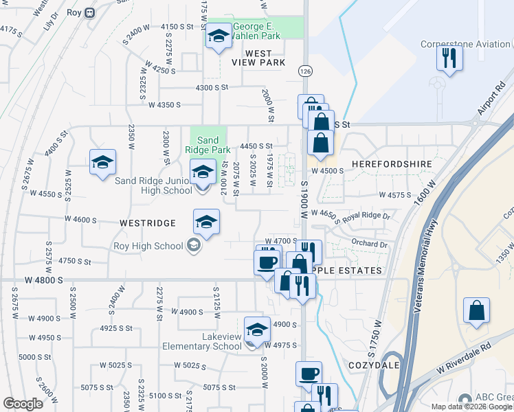 map of restaurants, bars, coffee shops, grocery stores, and more near 2038 West 4600 South in Roy