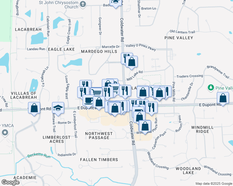 map of restaurants, bars, coffee shops, grocery stores, and more near 601 East Dupont Road in Fort Wayne